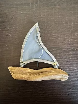 Buy Stained Glass And Light Wood Blue/grey Sailing Boat Mid-century Modern Ornament • 10£