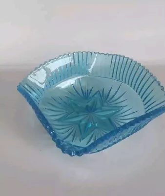 Buy Vintage Blue Pressed Glass Sweet Dish / Small Bowl  Square  Frilled Edges 70s • 7.90£