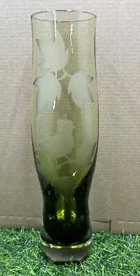 Buy Vintage Caithness Green Glass Etched Vase Blue Tit Leaves & Florals Signed GPH • 19.99£