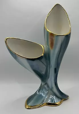 Buy Vintage Flower Vase Double Stem Hand Painted Italian Teal Blue With Gold Accents • 25£