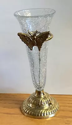 Buy New Clear Crackle Glass Bud Vase In Butterfly Brass Stand 6 1/2” Tall • 12.07£