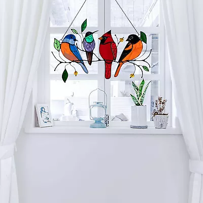 Buy Multicolor Birds On A Wire High Stained Glass Suncatcher Window Panel Decor Cr • 6.52£