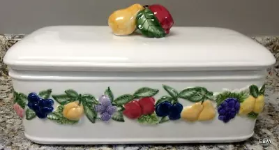 Buy LILLIAN VERNON CERAMIC 13” X 6” BREAD BOX ADORNED WITH COLORFUL FRUIT ACCENTS • 15.86£