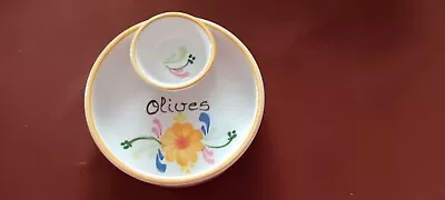 Buy Small Pottery Olive Dish With Pip Holder - Vgc  • 8.50£