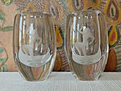 Buy Vintage Swedish Kosta Boda MCM Etched Glass Vases With Figural Design - Set Of 2 • 69.89£