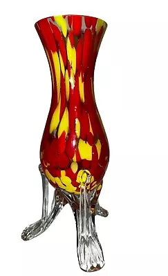 Buy VTG Franz Welz Red And Yellow Spatter Vase On Clear Glass Strutted Tripod Legs • 74.55£