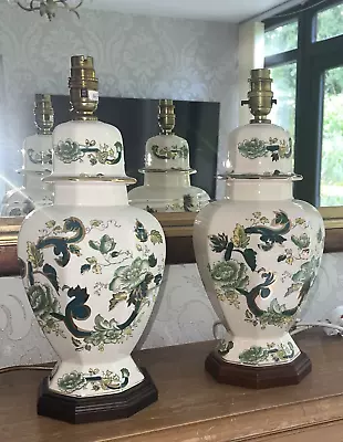 Buy Pair Masons Ironstone Large Green Chartreuse Hand Painted Lamps Hexagon Base • 69£