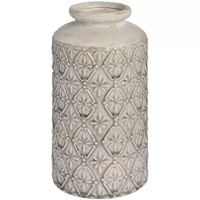 Buy Rustic Aged Cream Ceramic Cylinder Vase Daisy Flower Pattern Crackle Glass 26cm • 20.99£