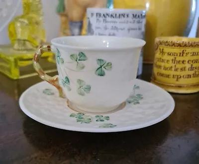 Buy Vintage Belleek Shamrock Design Basket Weave Demitasse Cup And Saucer - Lovely! • 18£