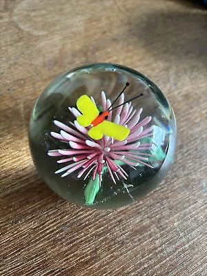 Buy Vintage Glass Sphere Unsigned Paperweight With Butterfly And Flower Detailing • 5£