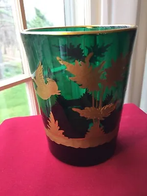Buy STUNNING ANTIQUE MOSER Emerald Green Engraved VASE W/HEAVY GILT Geese Flying • 228.32£
