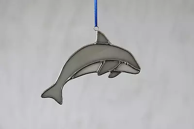 Buy Stained Glass Suncatcher/Window Hanger Grey/Blue Dolphin Gift/Home Decoration • 20£
