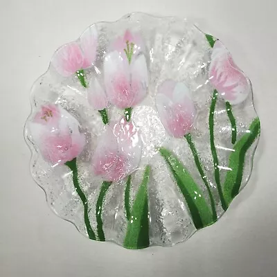 Buy Studio Art Glass Bowl Floral Candy Dish Spring Pink Tulip Fused Vintage Signed • 15.87£