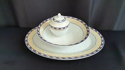 Buy 3 Pieces Of Studio Concept Porcelain: Platter Bowl Lidded Pot: White Blue Yellow • 15£