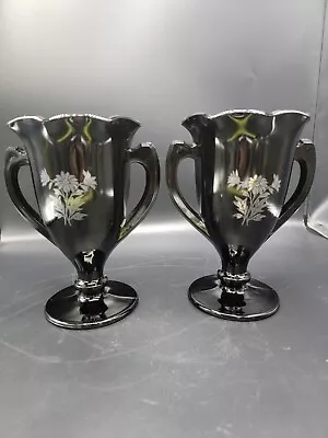 Buy Two L E LE Smith Black Amethyst Glass Trophy Loving Vases Silver Overlay Floral • 37.27£