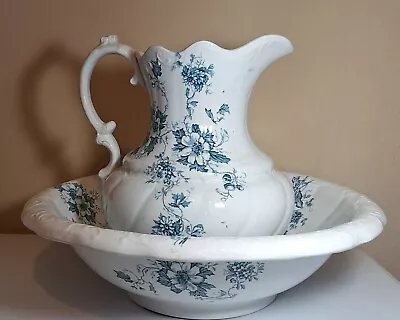 Buy Large Antique Colonial Pottery Blue & White Pitcher & Basin  Nancy  Circa... • 232.98£