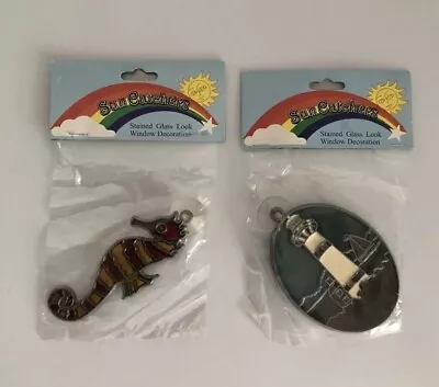 Buy 2 Vintage Stained Glass Look Sun Catchers Lighthouse & Seahorse Window  Ornament • 16.99£