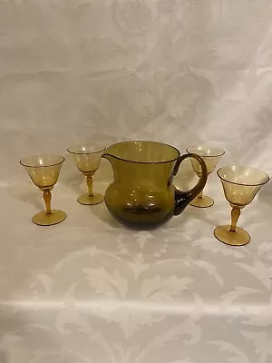 Buy Vintage Amber Glass Pitcher Jug And 4 Glasses Tumblers Retro • 24.99£