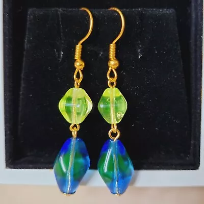 Buy Uranium Earrings Yellow/Blue Vaseline Glass Czech Old Beads Women`s Jewerly • 29.12£