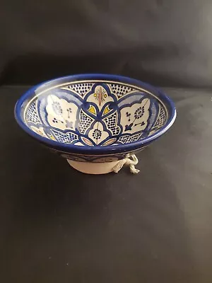 Buy Vtg SAFI Moroccan Pottery Bowl Footed Wall Plate Handpainted Signed Redware Blue • 32.61£