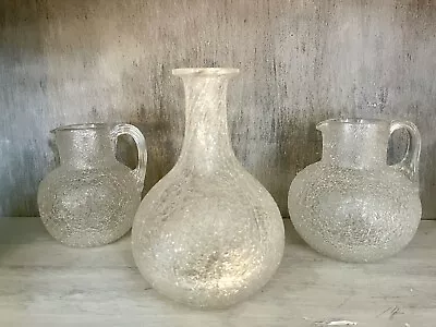 Buy Antique Bohemian Overshot Crackle Glass Vase + 2 Pitchers Circa 1900 Collectible • 163.09£