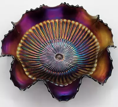 Buy Antique Carnival Glass Stippled Rays Purple Gold Northwood Ruffled Bowl 9.5  • 57.78£