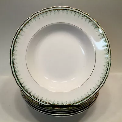 Buy 5 Furnivals England  Rimmed Bowls Green Gold Geometric Trim 9” Soup Pasta Salad • 41.94£