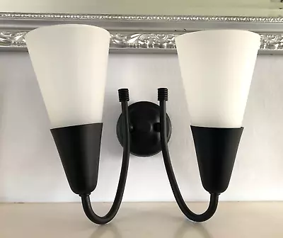Buy Poole Lighting Double Wall Light In Black Two Frosted White Glass Lamp Shades  • 10.99£