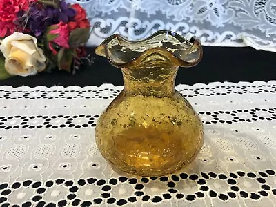 Buy Amber  Crackle Glass  Ruffle Top Vase 4 1/2  • 11.88£