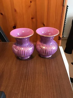 Buy Vintage German Pottery Vase Pair U-Keramik Ueberlacker Purple Gold 9cm Tall • 17.95£