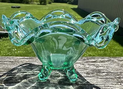 Buy Imperial Green Laced Crocheted Edge Depression Glass 4 Footed Candy Dish • 21.46£