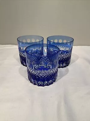 Buy Set Of (3) Cobalt Blue Rocks Whiskey Glasses Cut To Clear Crystal • 59.60£