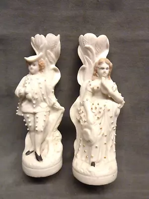Buy Lovely Pair Of Victorian Parian Ware Spill Vases Man Lady White Figurines 1880s • 5£