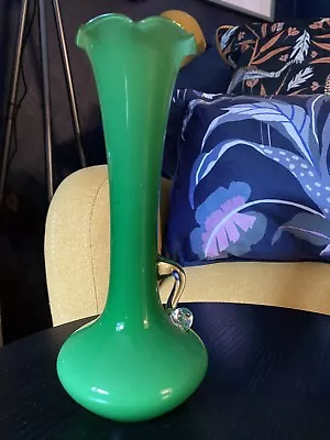 Buy Vintage | Long Neck Green Vase Clear Handle | Green Cased Glass Mid CenturyVase • 15.50£