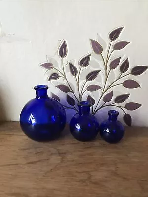 Buy Cobalt Blue Round Glass Apothecary Bottles | Rare | Set Of Three Small Vintage • 15£