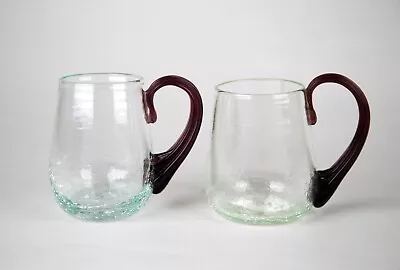 Buy Blenko Crackle Glass Mugs Set 2 Clear W/ Amethyst Purple Ribbed Handle Vintage • 34.97£