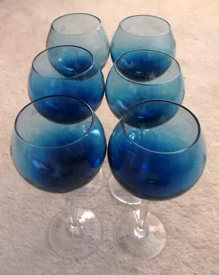 Buy Vintage Blue Etched High Stemmed Wine Glasses 6x - Hand Made - About 23 Cm Tall • 34.99£