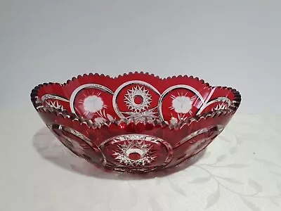 Buy Dresden Crystal Ruby Red Cut To Clear Large Glass Sawtooth Bowl • 99£