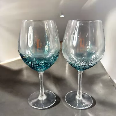 Buy Pier 1 Glass Balloon Goblet Smokey Blue Crackled Glass Drinking Glasses Set 2 • 51.26£