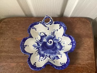 Buy Vintage Russian Delft Style Blue & White Hand Painted Rose Serving Bowl Signed • 4.99£
