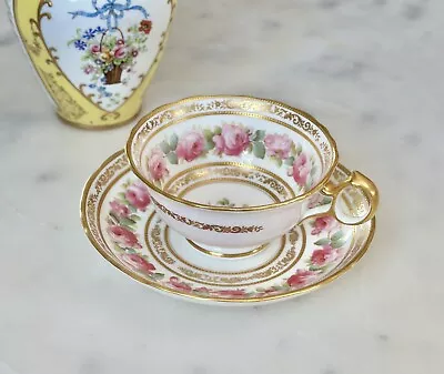 Buy EXC Antique HP Cauldon China Gilt Tea Cup & Saucer Cabbage Roses Raised Jewels • 232.05£