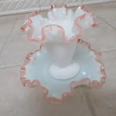 Buy Vintage Fenton Art Glass Mini Rose Crest Ruffled Trumpet Vase And Dish • 32.62£