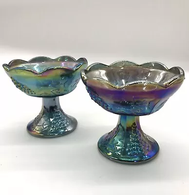 Buy Vtg Set Of 2 Indiana Glass Grape Harvest Blue Carnival Glass Candle Holders • 21.39£