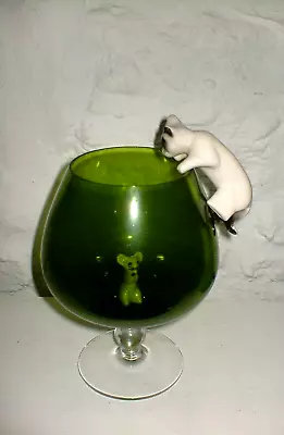 Buy 1960s  Swedish Emerald  Green  Oversized Brandy Glass Snifter With Cat + Mouse • 30£