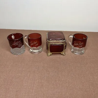 Buy Lot Of 4 Vintage Ruby Red Glassware Etched 1930s • 19.54£