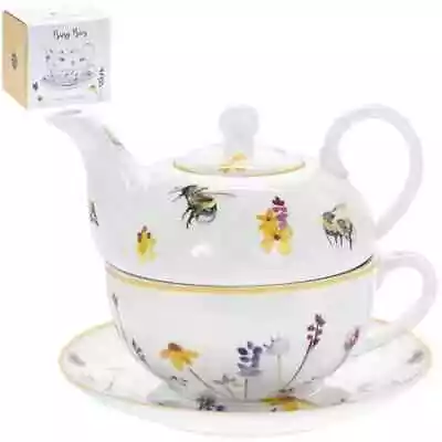 Buy Busy Bees Tea For One Teapot Set Cup And Saucer Watercolour Floral Print Design • 18.99£