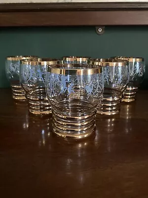 Buy Vintage Drinking Glasses X6 Fawn & Fairy Design,Gold Rim,Mid Century 50’s • 25£