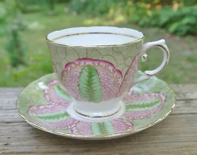 Buy Vintage Tuscan Fine English Bone China Green W/Pink Leaf  Pattern Cup & Saucer • 51.25£