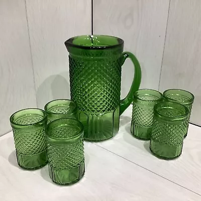 Buy Vintage 1960s Emerald Green Glass Orangeade Drink 7 Piece Pitcher & Tumbler Set • 89£