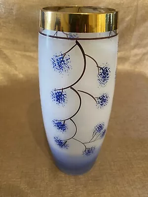 Buy Vintage Retro Glass Vase Gold Banded Frosted Blue White Glass Gold Rim C1950s • 24.99£